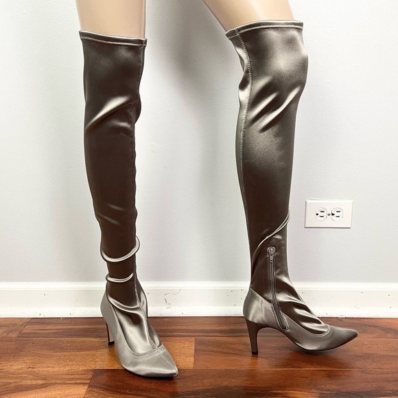 FREE PEOPLE GRAY SATIN OVER-THE-KNEE BOOTS - Picture 2 of 9
